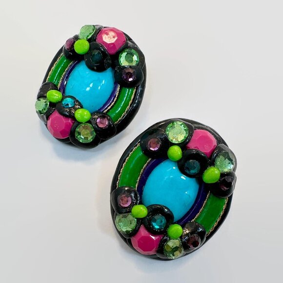 Vintage Earrings, 80s, Jewels, Statement, Clips, Retro, Paper Mache, Handcrafted - Picture 3 of 4